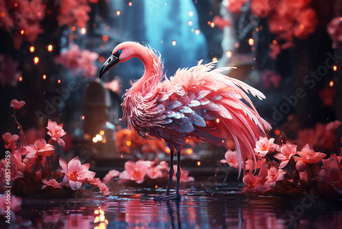 Pink flamingo beautiful wings in fantasy forest
