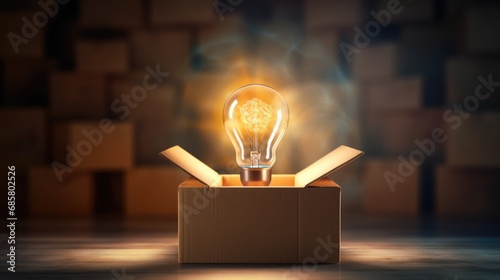 Think outside the box background with light bulb and box. Finding solution, idea, business concept