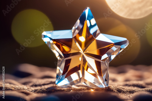 yellow topaz transparent crystal christmas star on blurred bokeh background