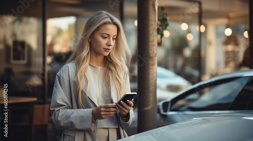 Young woman with smartphone waiting while her electric car charging in home charging station