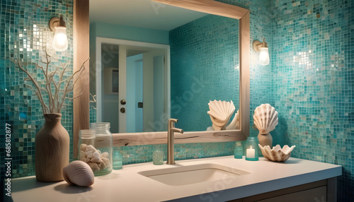 A coastal themed bathroom with turquoise mosaic tiles, a driftwood-framed mirror, and seashell-filled glass jars ai generative