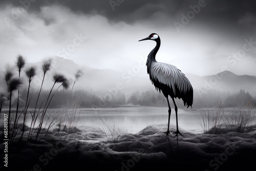 Crane bird in misty waterscape with mountain silhouette background