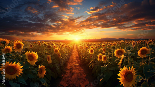 Panoramic view of the sunflower field with a sunset