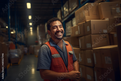 warehouse worker, wearing security vest, Smiling worker, standing cardboard boxes, distribution center, Delivery concept, shipping parcel, world wide shipping,