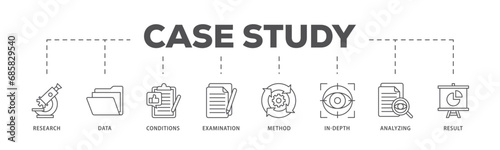 Case study infographic icon flow process which consists of research, data, conditions, examination, method, in depth, analyzing, and result icon live stroke and easy to edit 