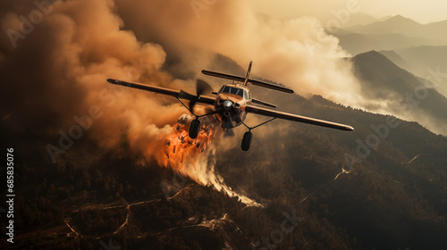 Photo of Rescue firefighting aircraft extinguish a forest fire by dumping water on a burning forest in mountain
