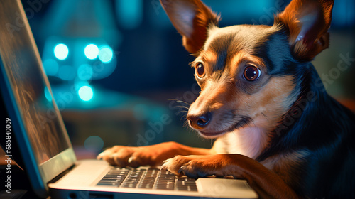 The dog stares at the laptop screen.
