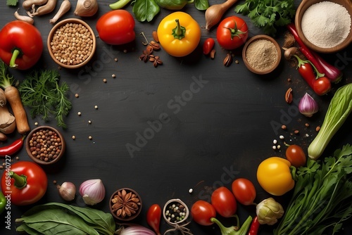 Food Background. Cooking. On the old black wood background. Free copy space.
