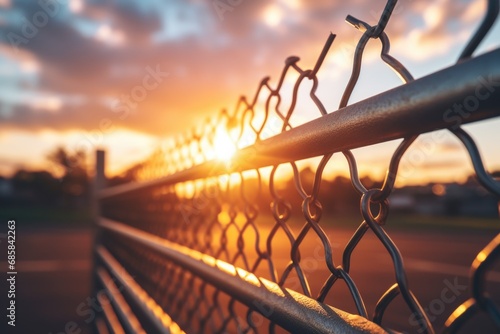 A picturesque image of the sun setting behind a chain link fence. 