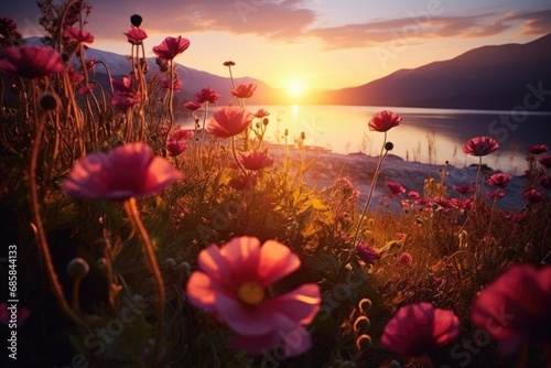 A beautiful field of pink flowers situated next to a tranquil body of water. 