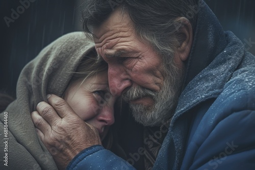 A heartwarming moment captured in the rain, showing a man and a little girl embracing each other. 