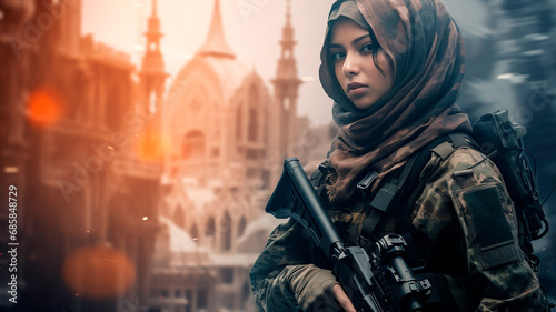 Malay woman in combat gear, against the backdrop of an abandoned city. Generative AI