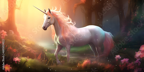 A Majestic Journey through the Enchanted Forest: Witness the Beauty of a Mythical Creature, the Unicorn, Roaming Amidst Flowers and Butterflies in a World of Fantasy