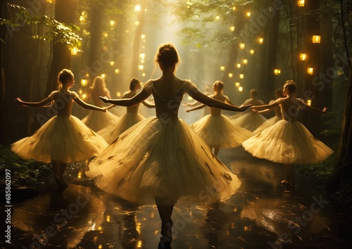 dancers tutus skirts forest lights background entertainment fairy gold enchanted dreams unbelievably renaissance symmetric pixie