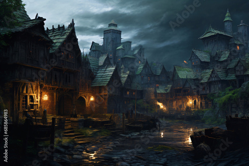 illuminated medieval town at night