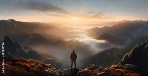 Dawn of Solitude: Man Gazing at Sunrise Over Misty Mountains