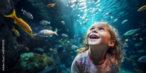 Kind im Aquarium, rundherum Fische