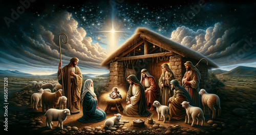 Oil painting representing the holy family. Nativity scene in Bethlehem. Christmas scene illustration showing holy family with Joseph Mary baby Jesus - shepherds and sheep. Comet Star
