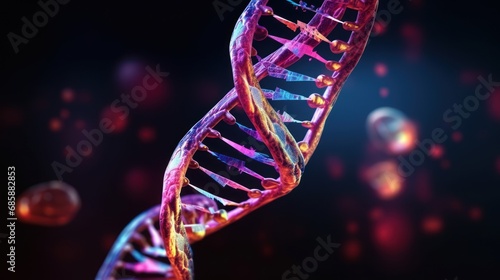 3d rendering macro illustration human DNA anatomy with neon light. AI generated image