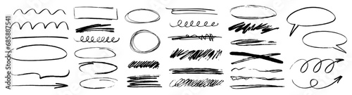 Charcoal scribble stripes, emphasis arrows, handdrawn numbers. Chalk crayon or marker doodle rouge handdrawn scratches. Vector illustration of lines, waves, squiggles in marker sketch style.