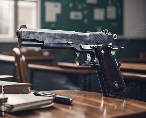 Pistol on school desk in the classroom. School shooting and mass shooting dramatic social issue. Gun control