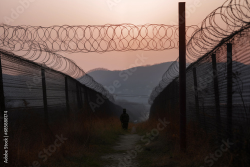 Border crossing in North Korea. Border of South Kore and North Korea. Border control with barbed wire on fence. Border guard, Military man guarding Border. Guard troops and military troop.