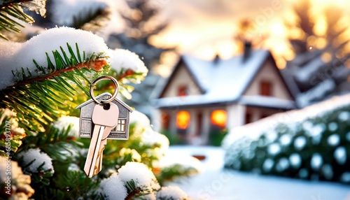Schlüssel im Vordergrund im Hintergrund ein Haus im Winter 