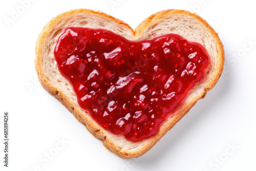 Heart shaped toast with raspberry jam on white background. Top view. Valentines day food concept