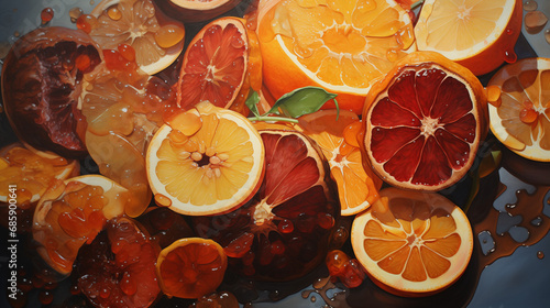 Aquarelle de tranches d'agrumes sur un plateau : orange sanguine, pamplemousse pour sangria, été rafraîchissant