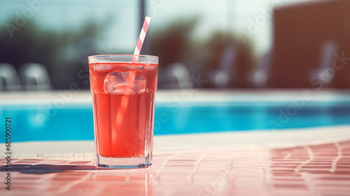 A refreshing red drink on a glass with a straw sitting on a table next to a pool