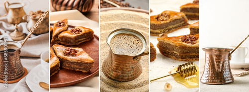 Collage of tasty Turkish baklava and coffee on table