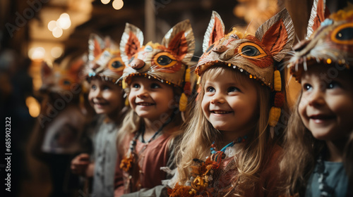 cheerful children in animal costumes at a masquerade, masks, boys, girls, kids, child, holiday, kindergarten, friends, carnival, party, emotional faces, people, portrait, childhood, festival outfit