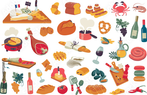 Bundle icons of french food specialities. Bakery, bread, croissant, wine and cheese. Vector illustration isolated on a white background.