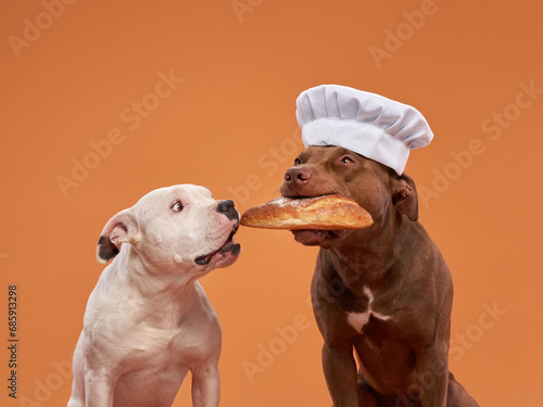 Chef dog sharing bread with a friend, a playful studio snapshot. Their cooperative spirit and eager eyes tell a story of canine camaraderie