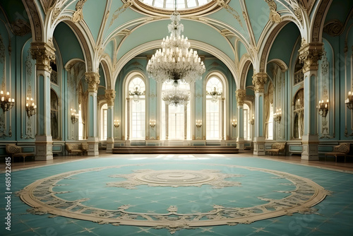 Elegant ballroom interior with ornate ceiling, chandeliers, and intricate floor design, showcasing luxurious architectural details.