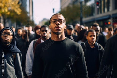 Serious black male activist protesting outdoors with group of demonstrators in the background.