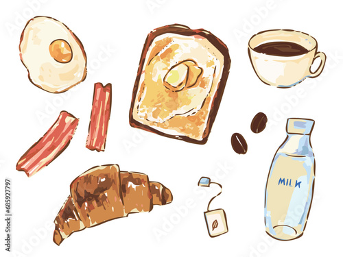 朝食と飲み物 手描きイラストセット