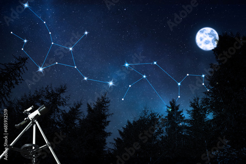 Different constellations in starry sky over forest on full moon night. Stargazing with telescope