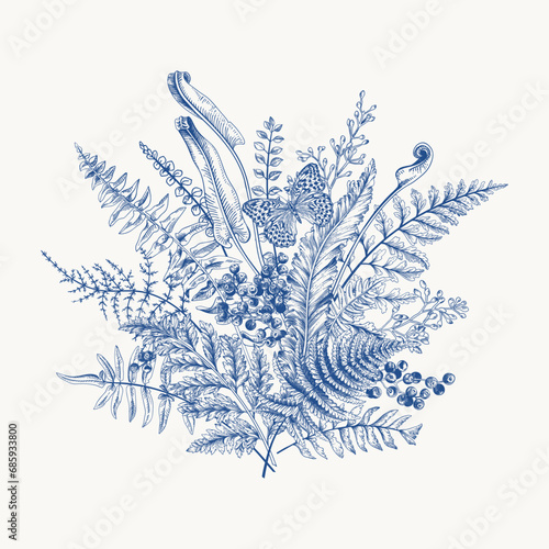 Bouquet with butterfly and leaves. Vintage floral background. Lush greenery. Vector botanical illustration. Blue drawing.