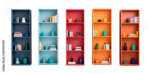 Colorful modern bookshelves set over isolated transparent background