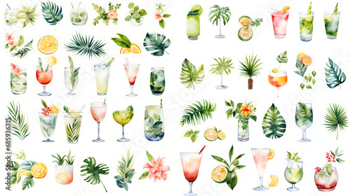 Watercolor tropical leaves and cocktail drinks set on white background. Hand drawn colorful Sublimation design, white background.