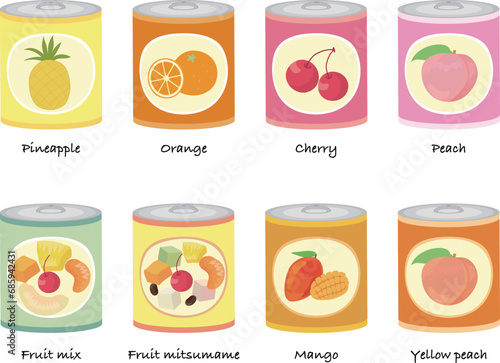 A simple vector illustration of 8 types of canned fruits.