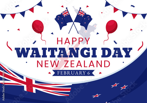 Happy Waitangi Day Vector Illustration on February 6 with New Zealand Flag and Map in National Holiday Flat Cartoon Background Design