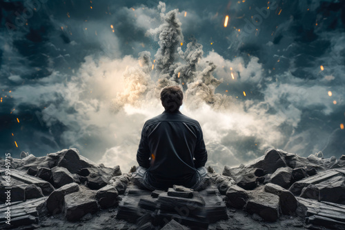 Mental Health: A person meditating with a chaotic, stormy background, showing the concept of finding peace amidst chaos and emphasizing mental health