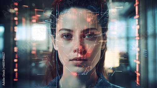 close up portrait, a young woman undergoes facial recognition through modern technology, concepts of identity verification and personal security.