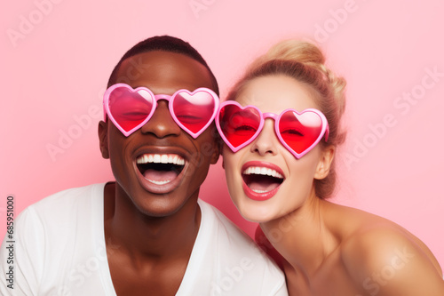 Happy Multiracial couple in pink heart shaped glasses in love. St. Valentine's day concept.
