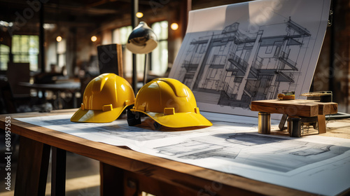 yellow helmet and blueprints standing on the desk