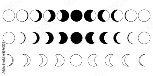 Moon phase. Stages of the full moon. Lunar cycle black icons set. Vector illustration. EPS 10.