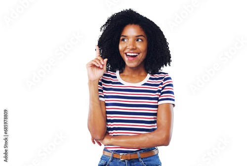 Happy black woman, thinking and pointing up for idea or solution isolated on a transparent PNG background. African female person or model smile with hand up for choice, memory or remember plan
