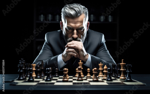 Businessman chess player lost in thought strategizing while contemplating his next move. This image symbolizes deep decision-making